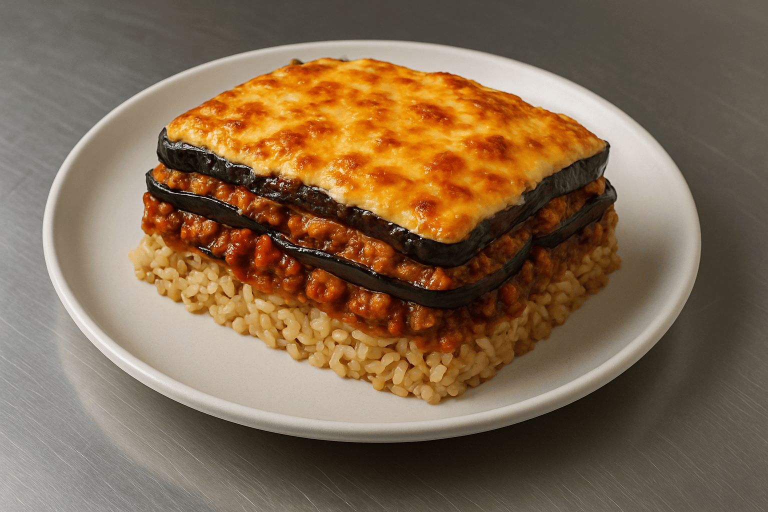 Moussaka revisitée (aubergine, riz complet, bœuf 5%, tomate)