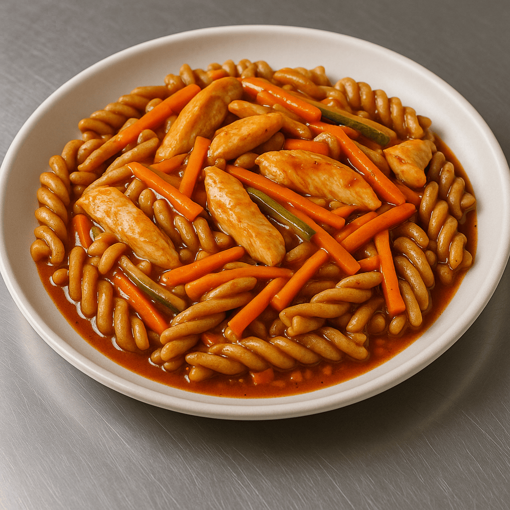 Pâtes complètes — émincé de poulet & sauce poivron (maison)