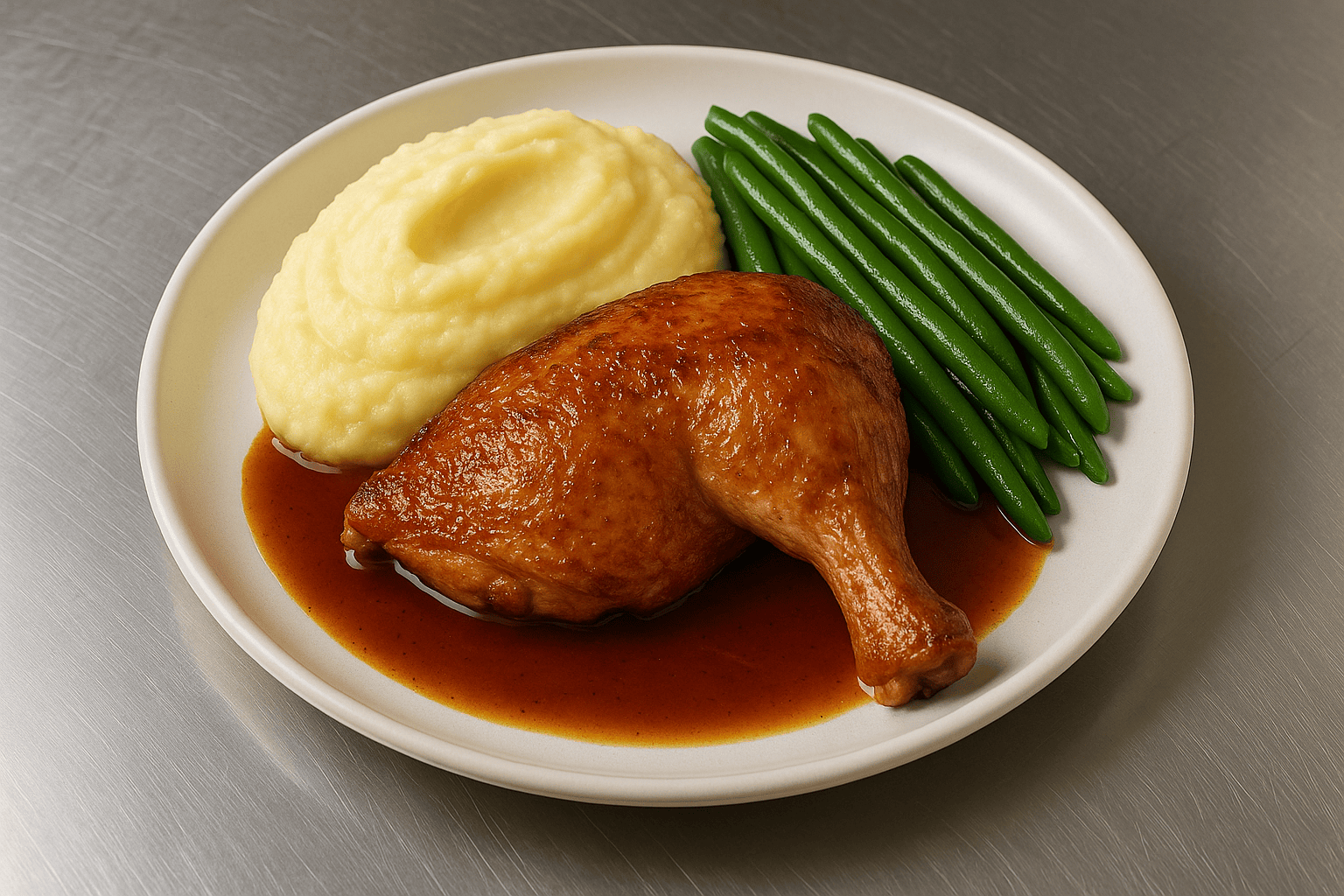 Cuisse de poulet rôtie, pommes de terre & haricots verts