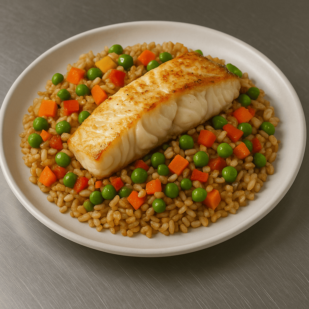 Riz complet aux petits légumes & cabillaud